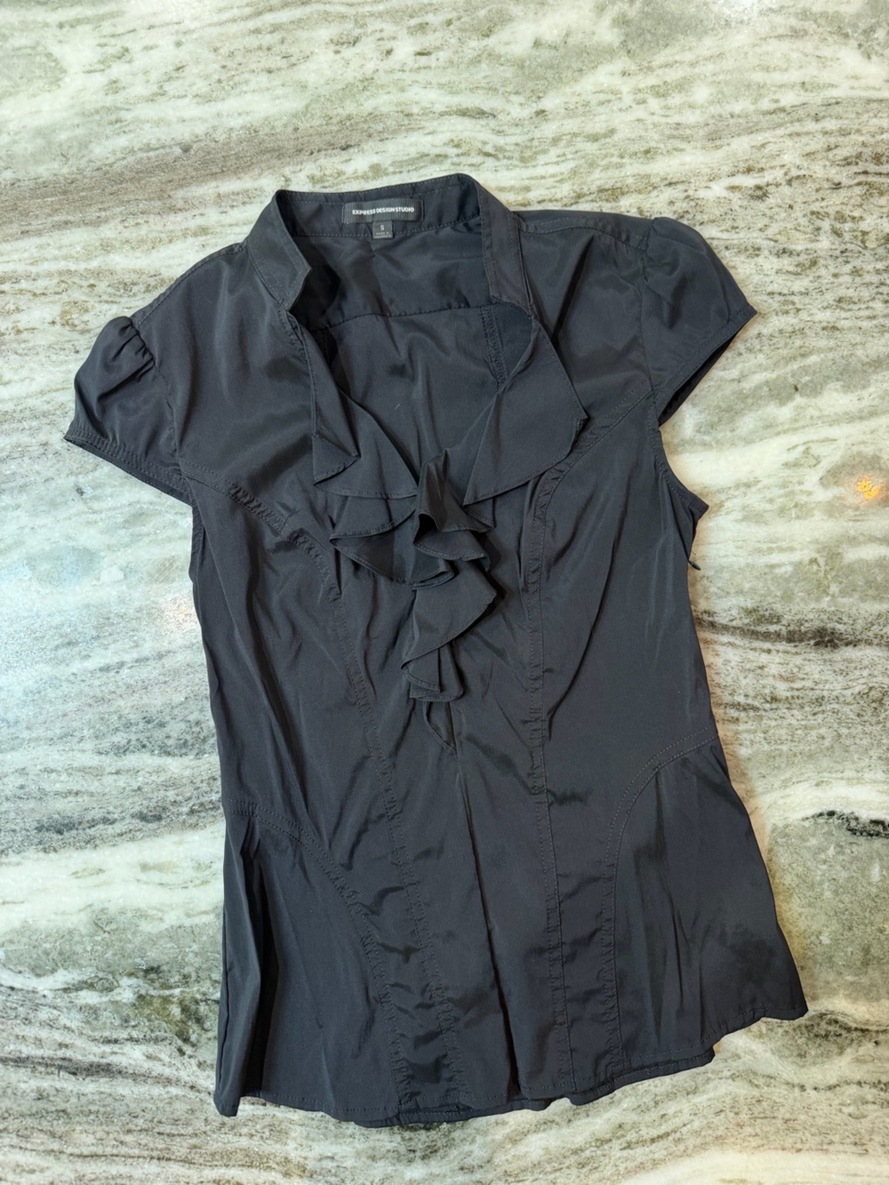 Express Black Ruffle-Front Short Sleeve Blouse